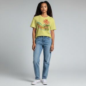 OP Yellow Tropical Graphic Tee Palm Tree Surf Print Medium
